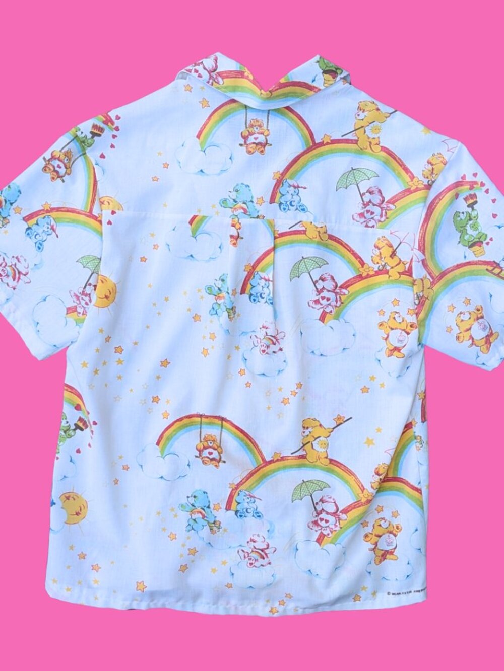 Handmade, Upcycled Carebears Bedsheet Button Down Shirt Size S - Picture 3 of 4